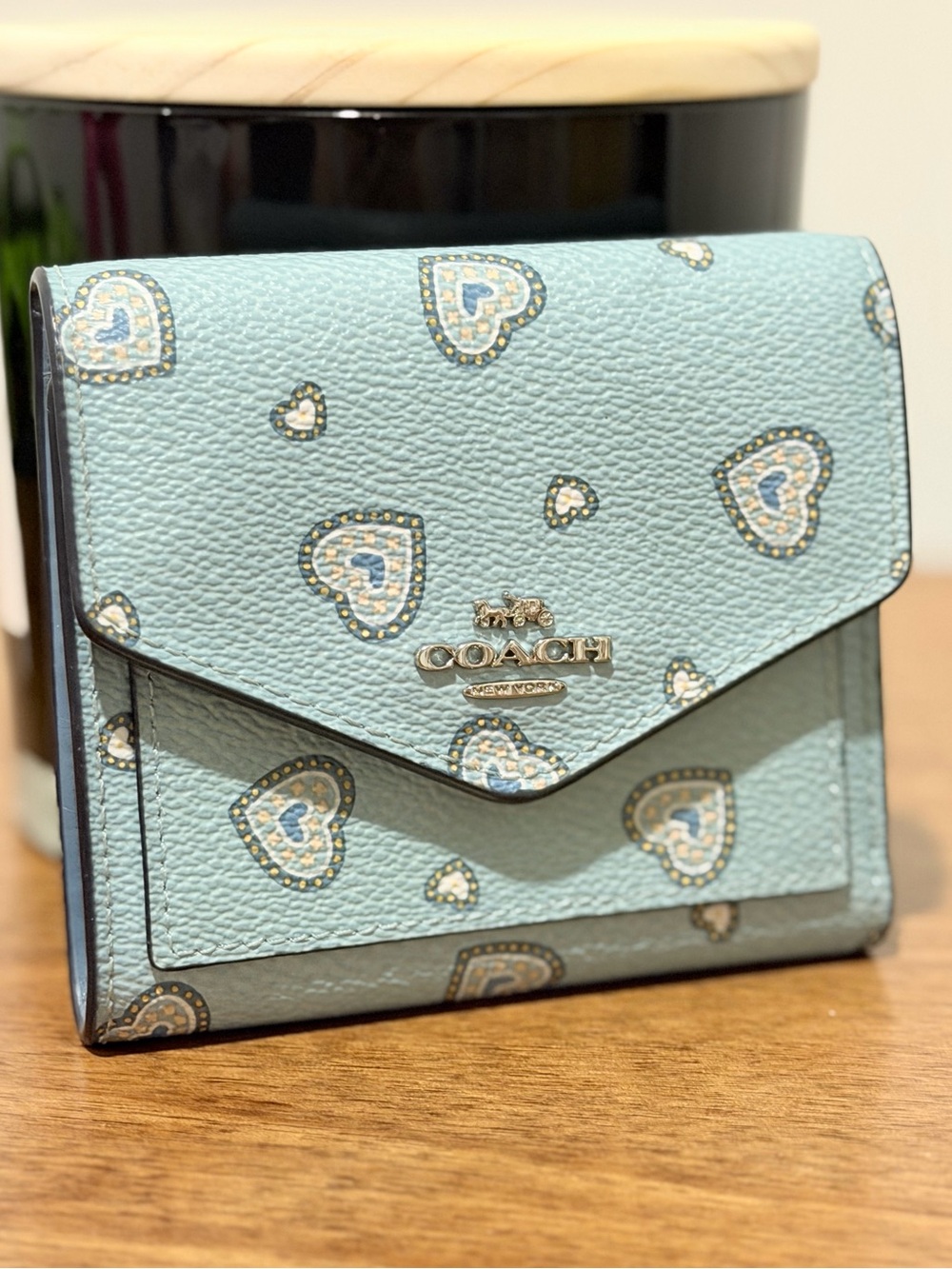 Coach Light Blue Heart Print Leather Tri-fold Wallet